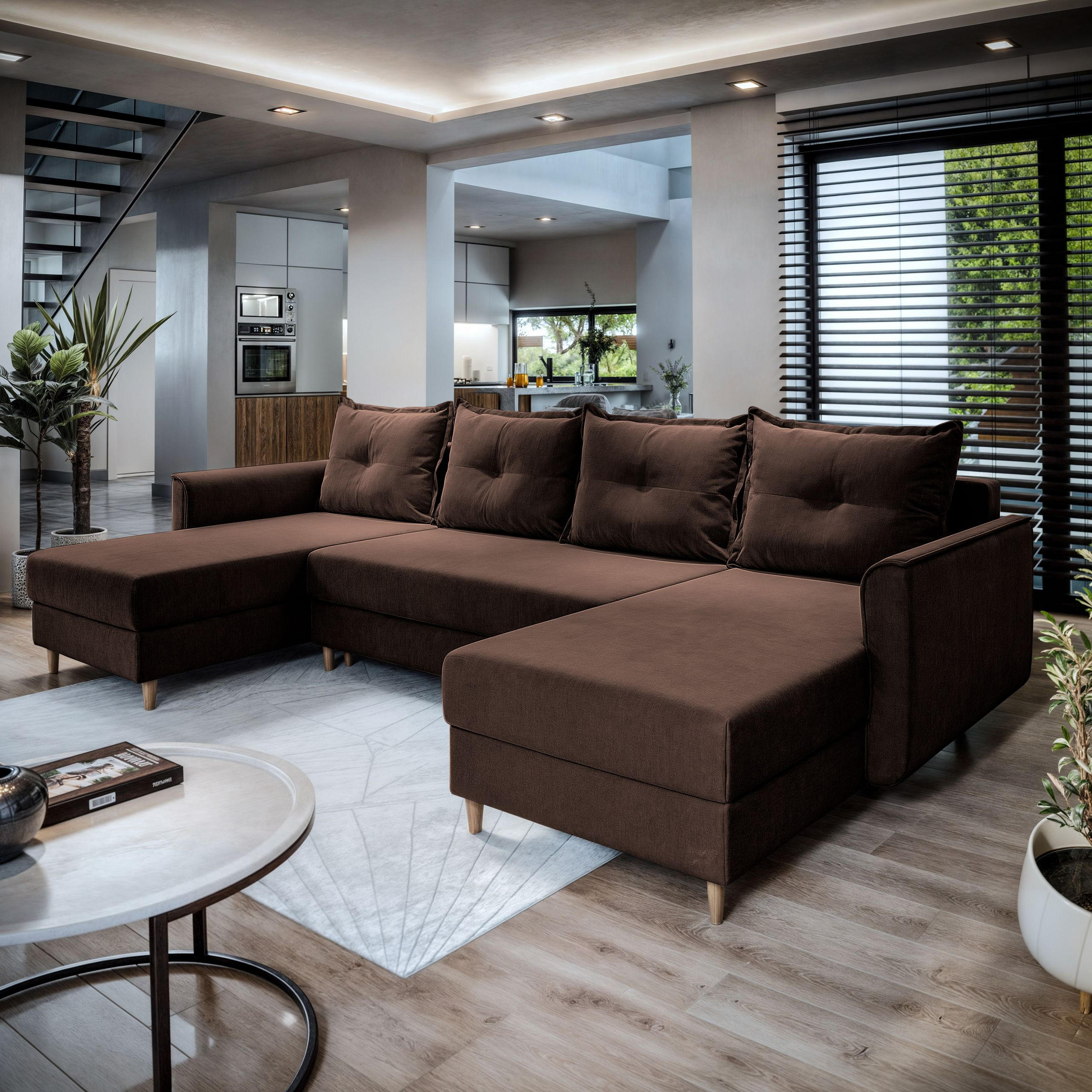 WOHNLANDSCHAFT VERNI Braun Plüsch-Stoff mit Schlaffunktion - Braun, Holz (285/91/143cm) - MASSENO