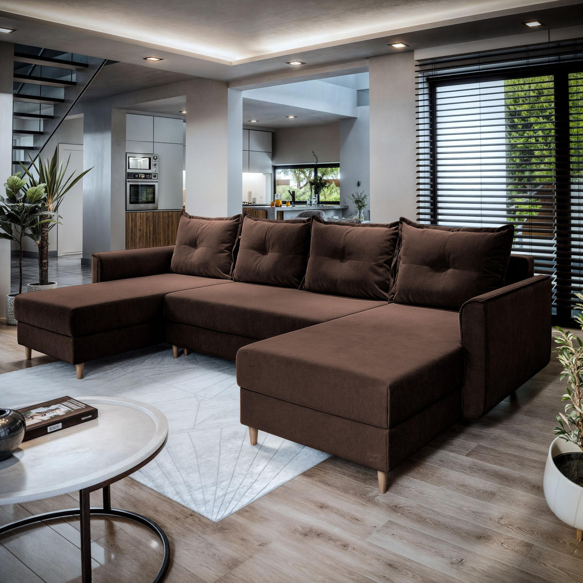 WOHNLANDSCHAFT VERNI Braun Plüsch-Stoff mit Schlaffunktion - Braun, Holz (285/91/143cm) - MASSENO