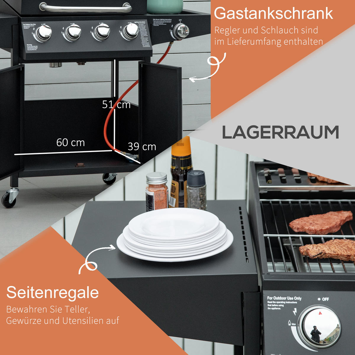 GASGRILL BBQ mit 3 Brennern je 3 kw mobiler Grillwagen mit 4 Rädern Metall Schwarz 132,4cm x 55cm x 109cm - Schwarz, Metall (55/109/132.4cm) - Outsunny