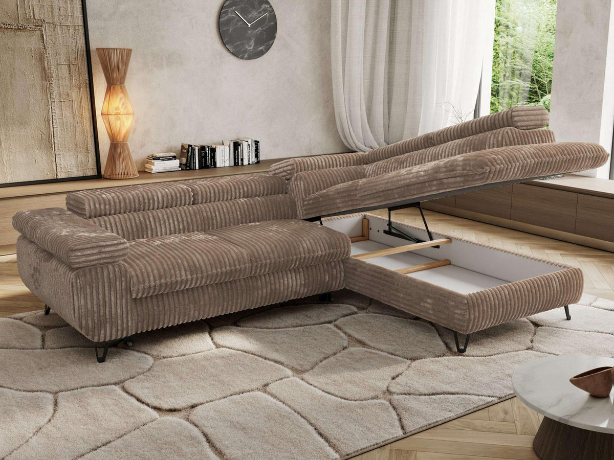 ECKSOFA PABLO L Braun Cord - Rechts Seite mit Visco Topper - Schwarz/Braun, Textil/Metall (273/208cm) - MKS