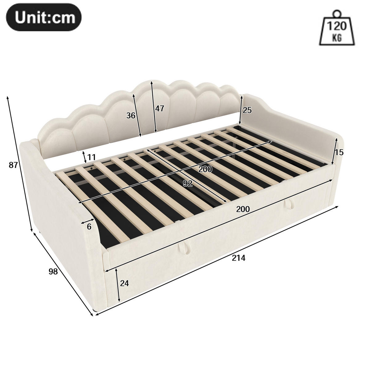 TAGESBETT 90/200 cm beige mit hydraulischem Stauraum und LED-Beleuchtung - Beige, Textil (90/200cm) - OKWISH