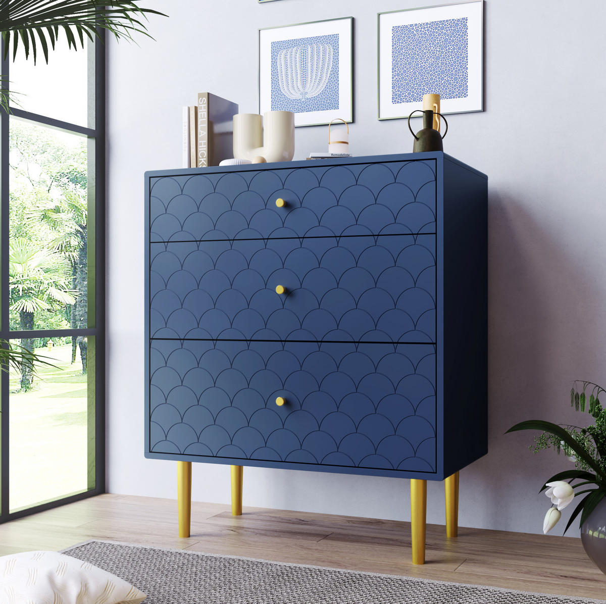 KOMMODE aus Holz und Metall 75x40x89 cm Marineblau mit 3 Schubladen und Fischschuppenmuster - Dunkelblau, Holzwerkstoff (75/89/40cm) - Modfu