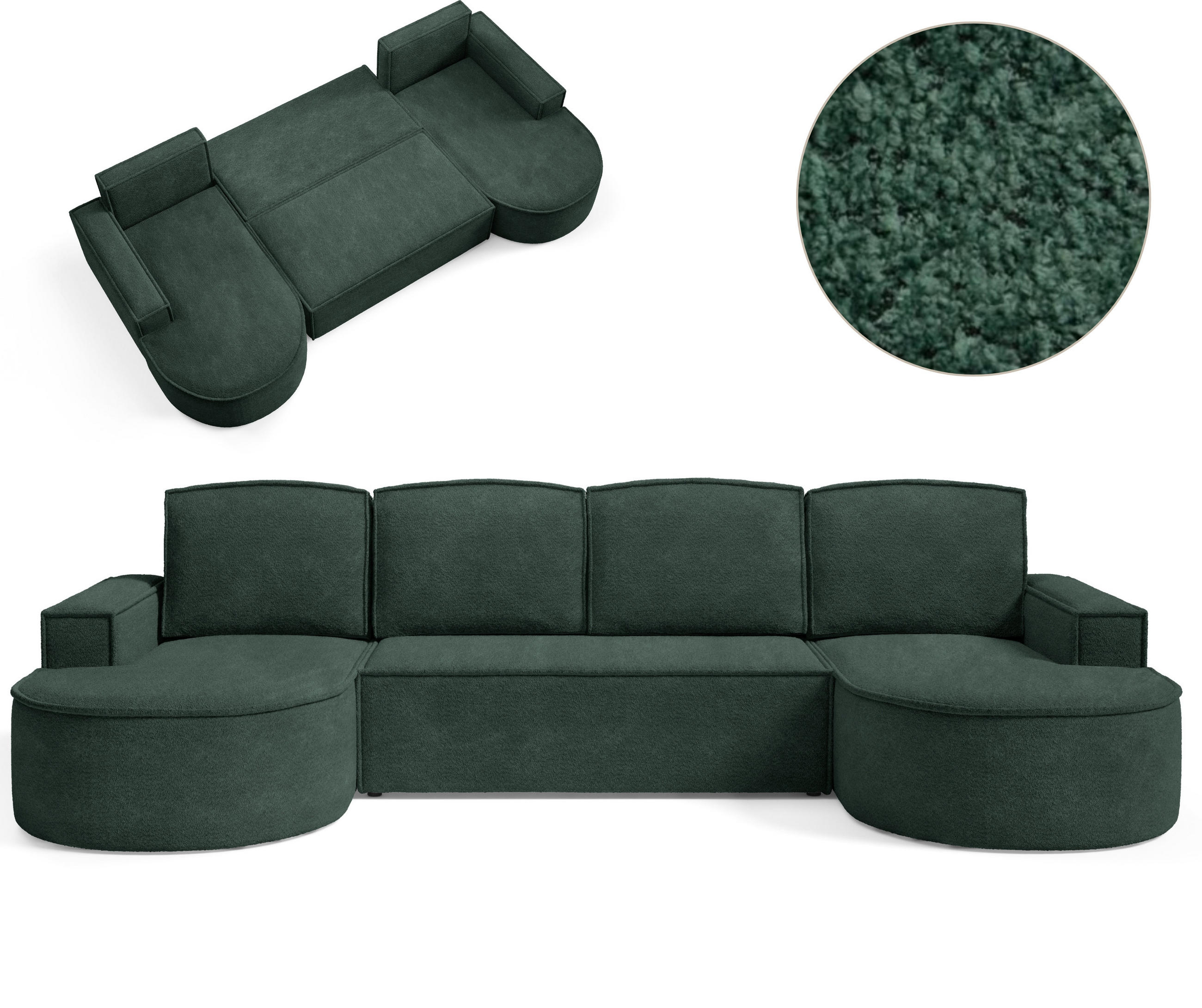 ECKSOFA MOLLY U Freistehendes, mit Schlaffunktion, 140x273cm, Bettkasten und Abnehmbaren Kissen – 316x157x88cm, Abriamo Stoff, Grün - Grün, Holz/Textil (316/157cm) - DomoHome
