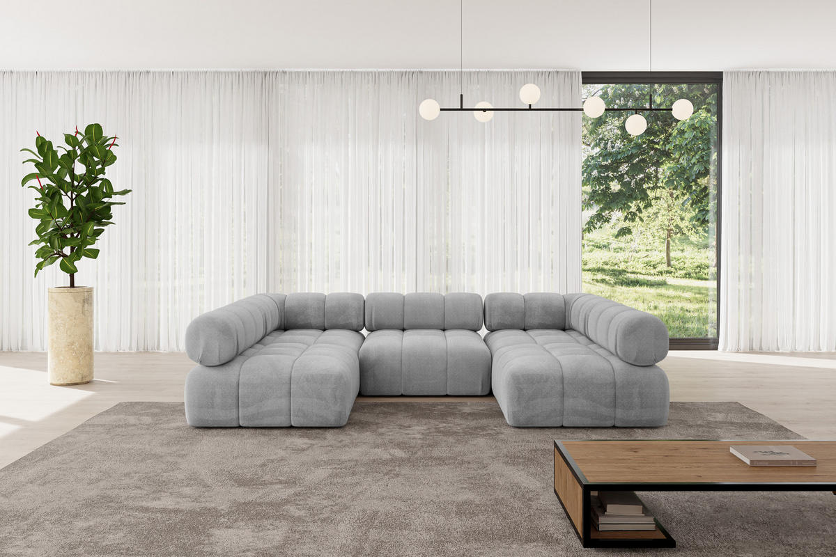 WOHNLANDSCHAFT modulares Sofa Garvo-U1 - 285x190x70 cm Hellgrau Velours - Hellgrau, Holzwerkstoff/Textil (285/70/190cm) - ALTDECOR