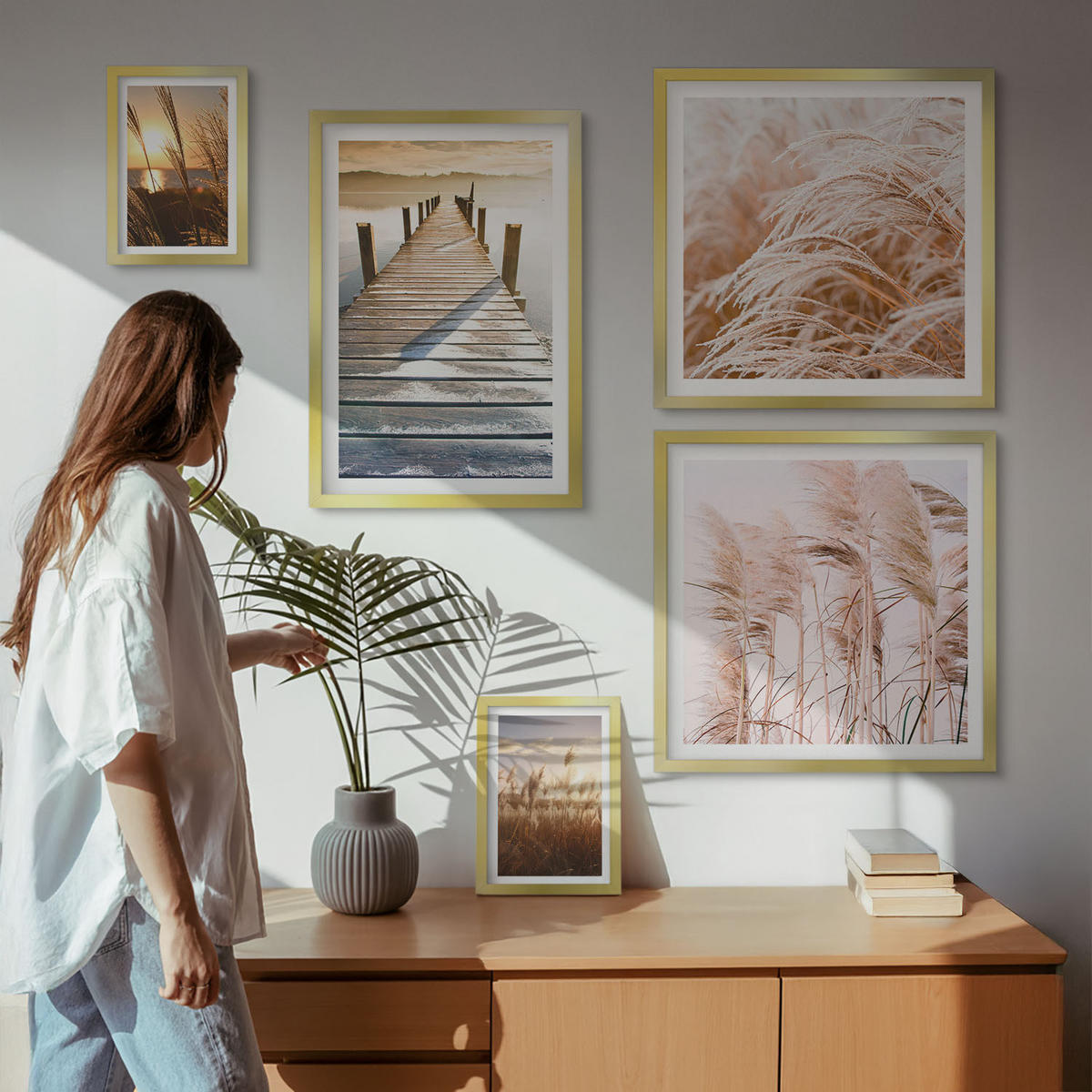 BILDER SET 5er Set - 50x50 cm & 20x30 cm & 40x60 cm Goldrahmen - Boho-Grasfeld-Sonnenuntergang - Goldfarben, Kunststoff (40/60cm) - TULUP