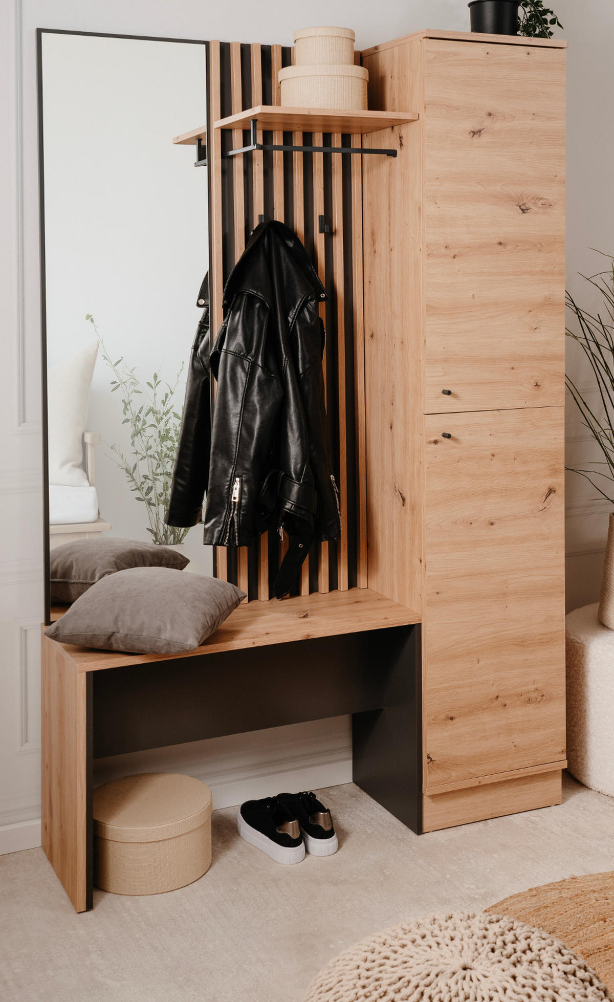 GARDEROBE Eiche Artisan, grau 122 cm, Kompaktgarderobe mit Spiegel - Anthrazit/Schwarz, Holzwerkstoff/Kunststoff (122/190/37cm) - Furn.Design