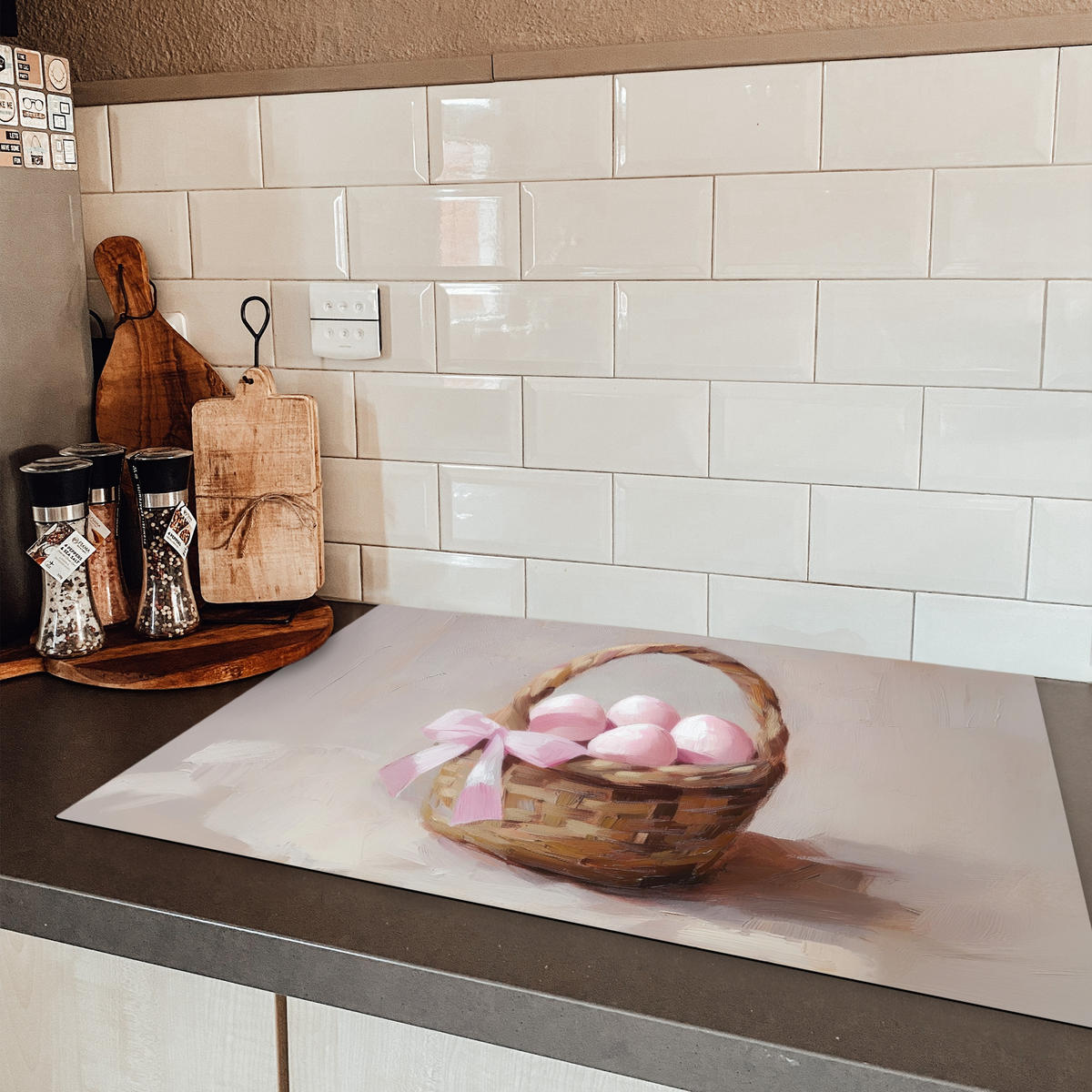 HERDABDECKPLATTE Korb - Eier - Rosa Ceranfeldabdeckung 76x51.5 cm - Beige, Kunststoff (76/51.5/0.2cm) - MuchoWow