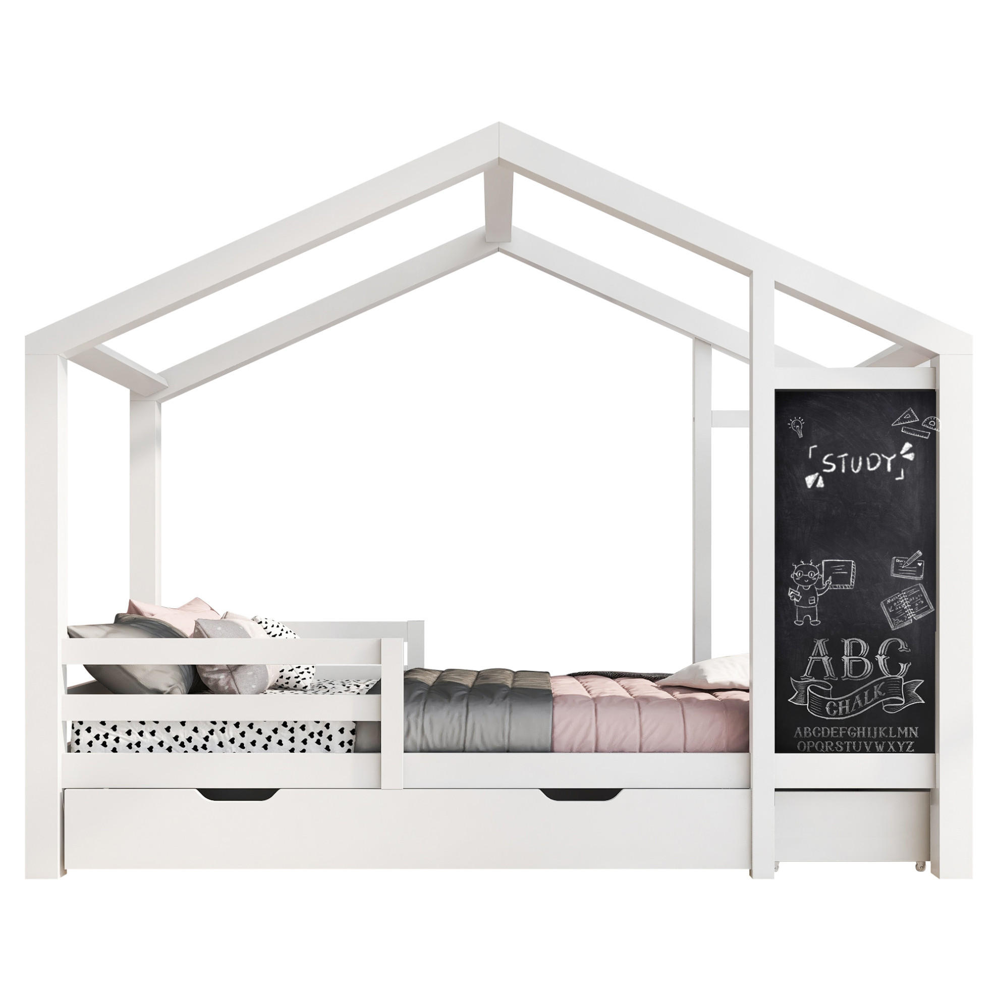 Redom DĚTSKÁ postýlka 90 x 200 cm s tabulí a 2 zásuvkami, masivní dřevo, bílá