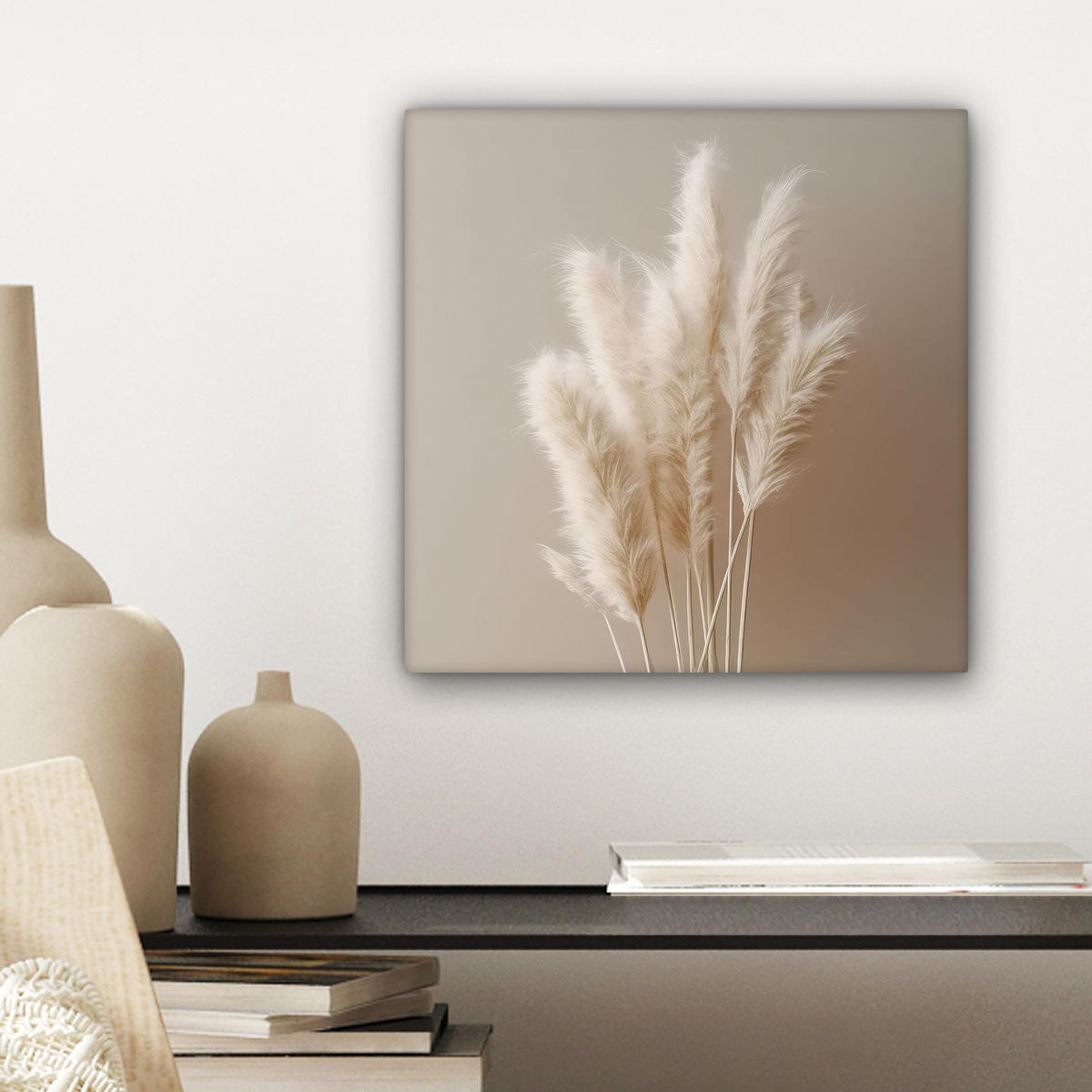 LEINWANDBILD Pampasgras - Federn - Pastell - Weiß Deko Wohnzimmer 20x20 cm - Naturfarben, Textil (20/20cm) - MuchoWow