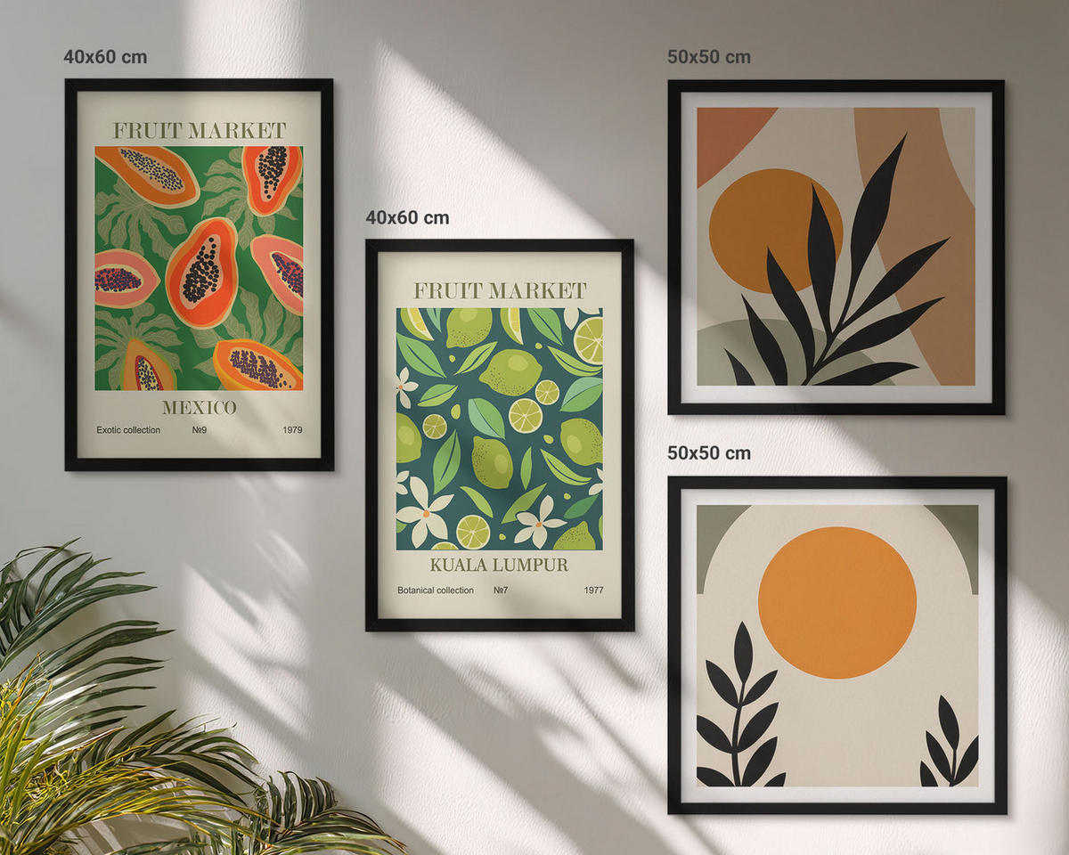 WANDBILDER 4er-Set - 50x50 cm & 40x60 cm Schwarzer Rahmen - Boho-Papaya-Fruchtmuster - Schwarz, Kunststoff (50/50cm) - ArtPrintCave