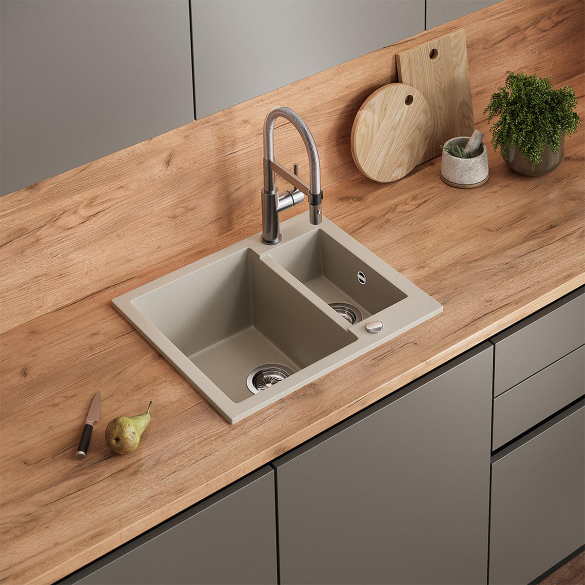 SPÜLBECKEN Prag Beige 58 x 50 cm mit 2 Spülen - Beige, Keramik (58/28/50cm) - Bergstroem