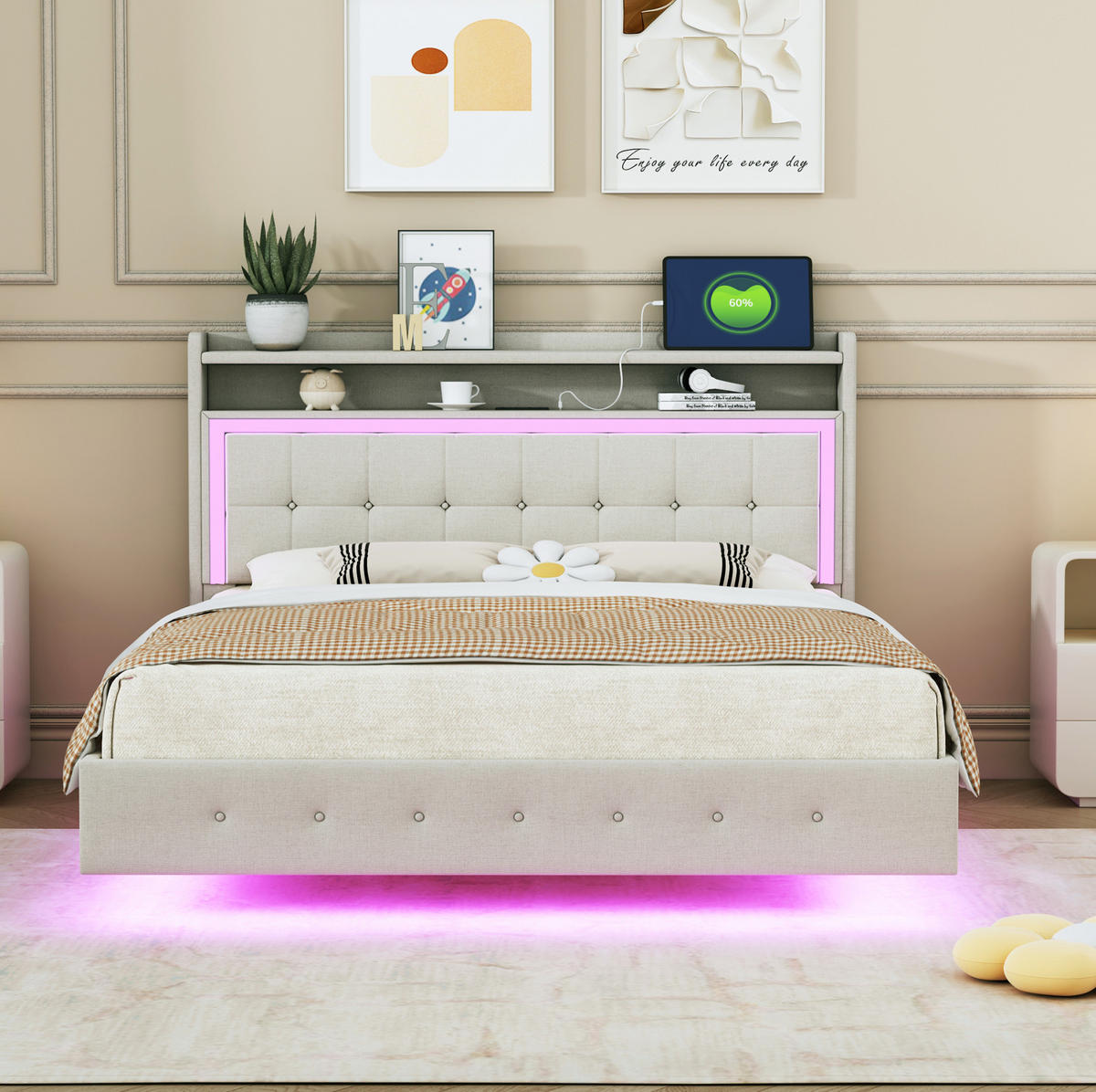POLSTERBETT 140/200 cm Beige mit USB-Steckdose und LED-Beleuchtung - Beige, Textil (140/200cm) - Flora Grace