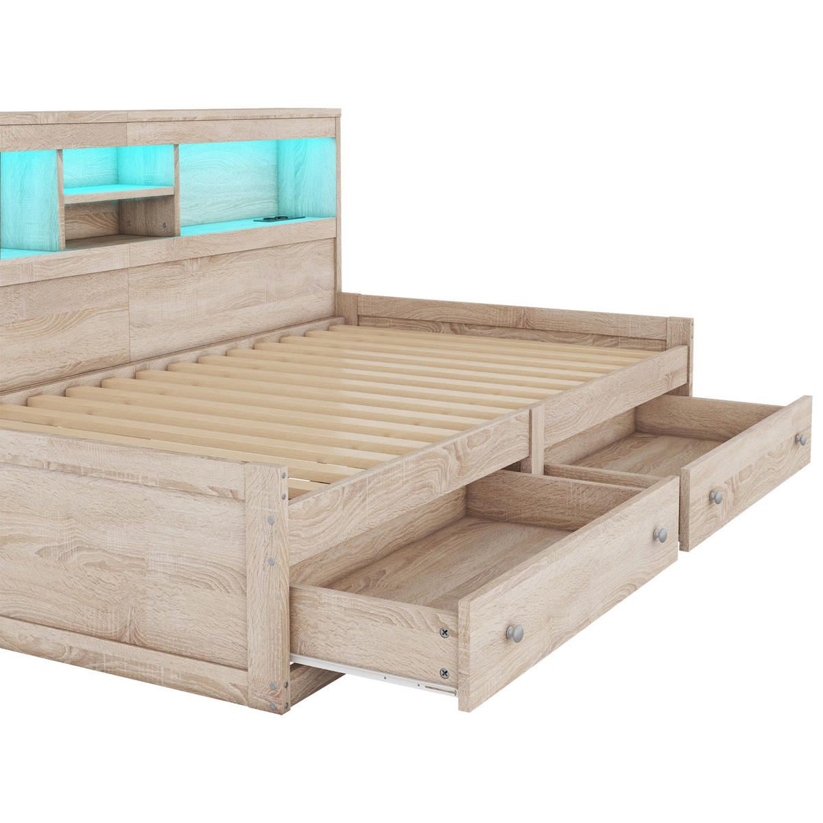 POLSTERBETT aus Spanplatte & MDF 90x200 cm in Natur mit LED & USB-Ladebuchsen - Naturfarben, Holzwerkstoff (90/200cm) - Modfu