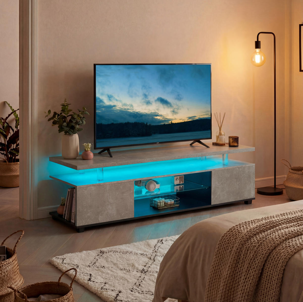 TV-BOARD 130/40/48 cm grau/schwarz aus Holzwerkstoff mit LED-Beleuchtung - Schwarz, Holzwerkstoff (130/48/40cm) - OKWISH