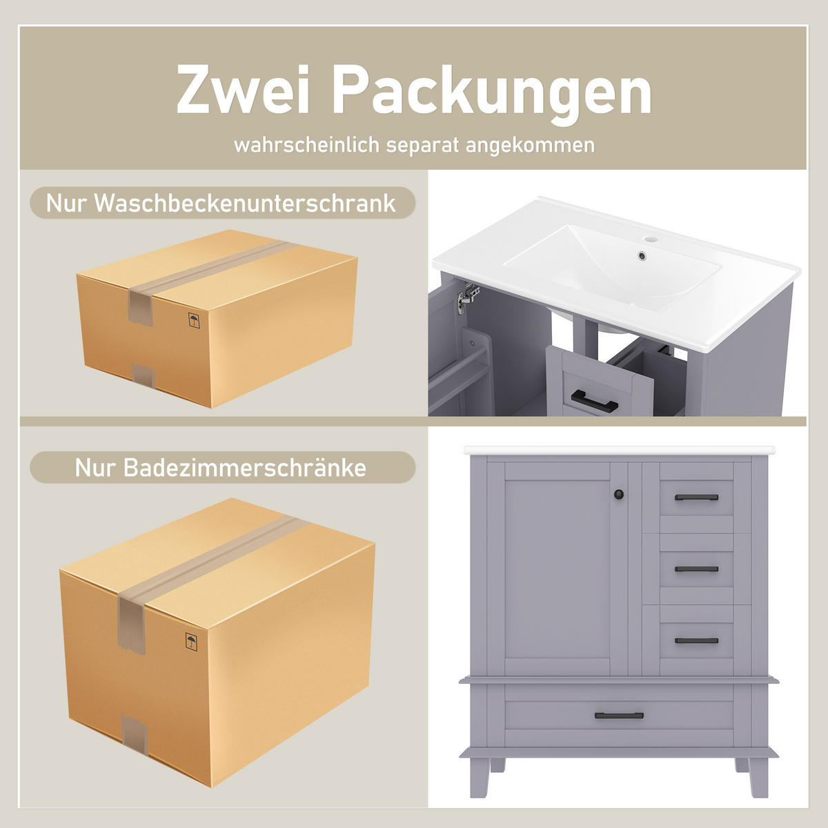 WASCHTISCHKOMBI Grau freistehend mit Keramikbecken & 3 Schubladen - Grau, Keramik/Holzwerkstoff (76/83.5/46cm) - Urban Meuble