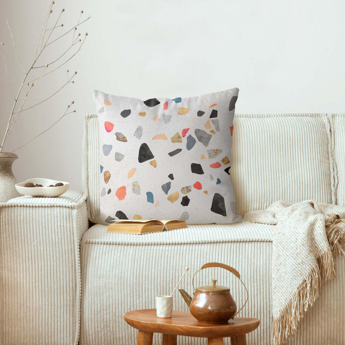 KISSENBEZUG Weißer Terrazzo mit Goldsteinchen 40/40 cm - Weiß, Textil (40/40cm) - Bilderwelten