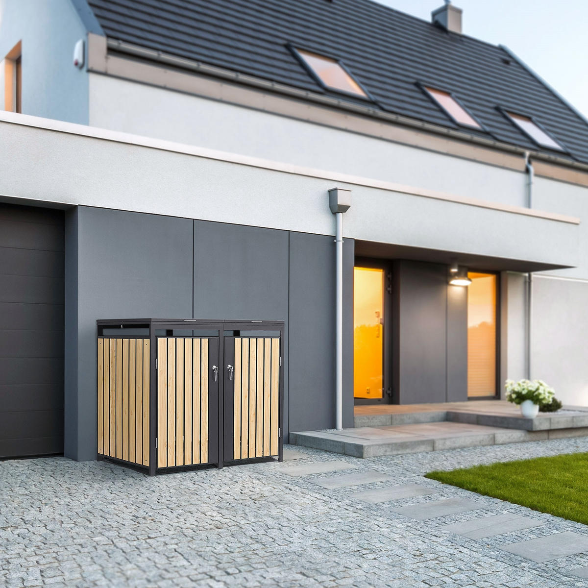 MÜLLTONNENBOX 3er Anthrazit-Lärchenoptik - Naturfarben, Metall (200/120/80cm) - ML-DESIGN