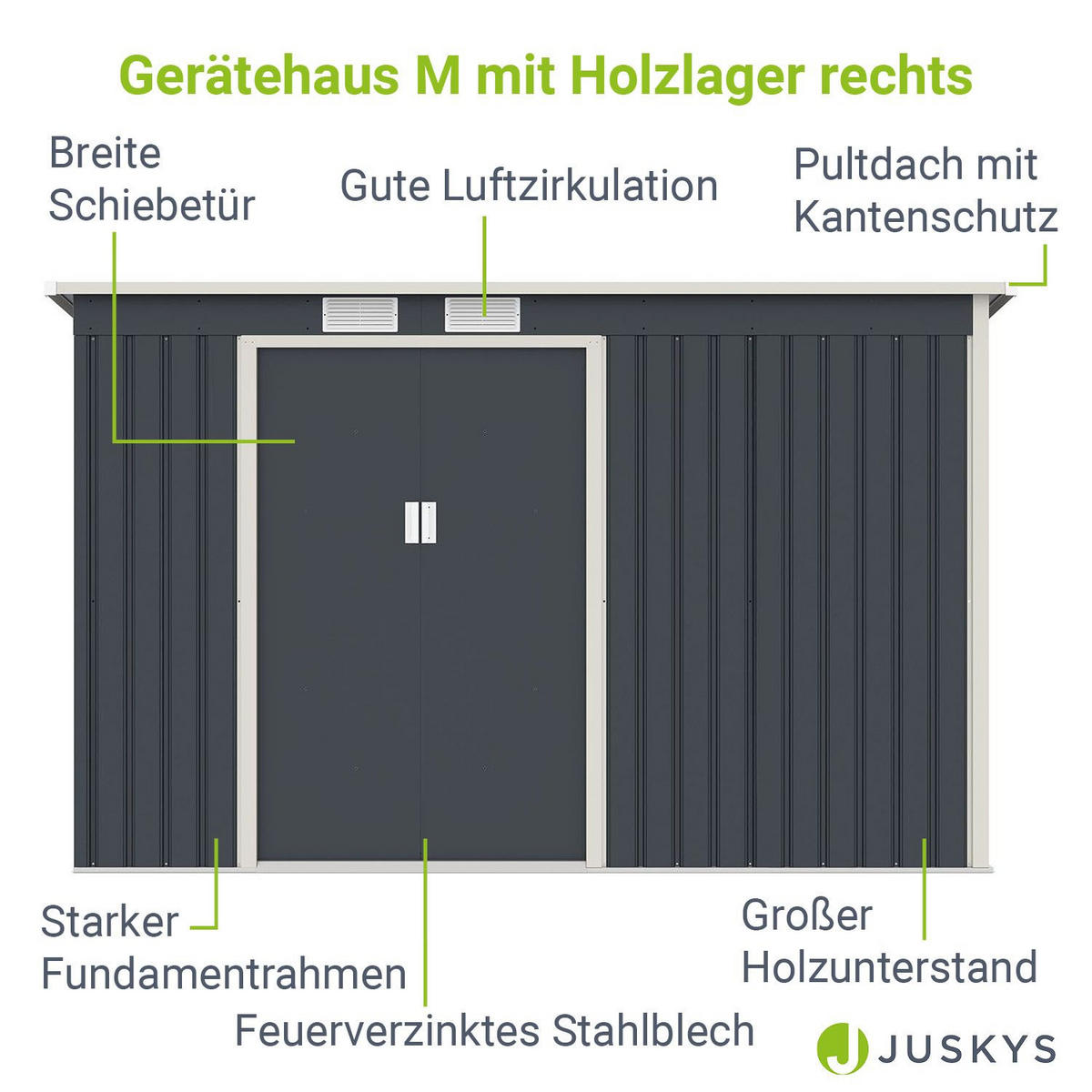 GERÄTESCHUPPEN M mit Holzunterstand rechts - Anthrazit, Metall (213/173/130cm) - Juskys