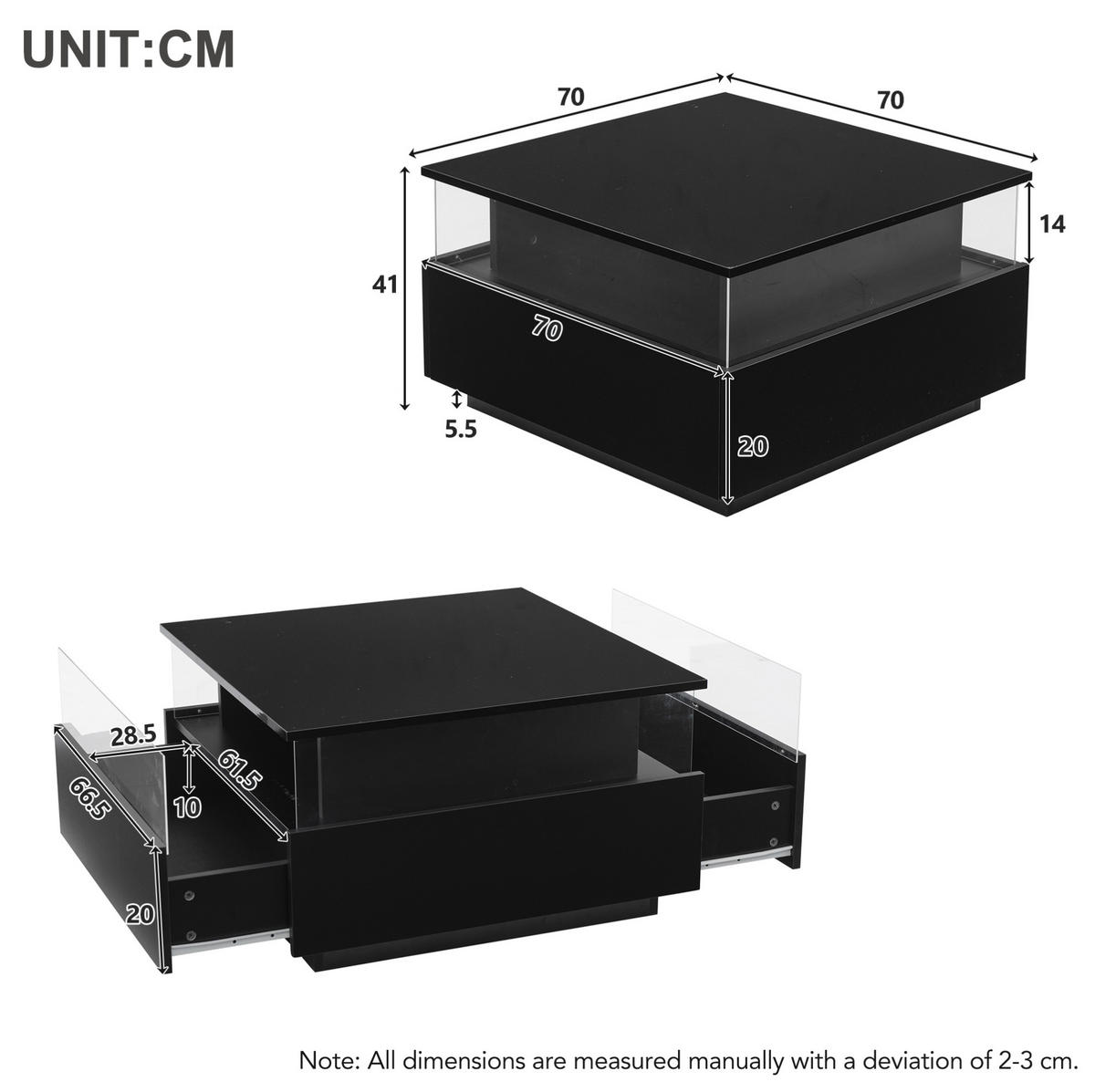 COUCHTISCH 70/70/41 cm in Schwarz mit LED-Beleuchtung und 2 Schubladen - Schwarz, Holzwerkstoff (70/70/41cm) - Flora Grace