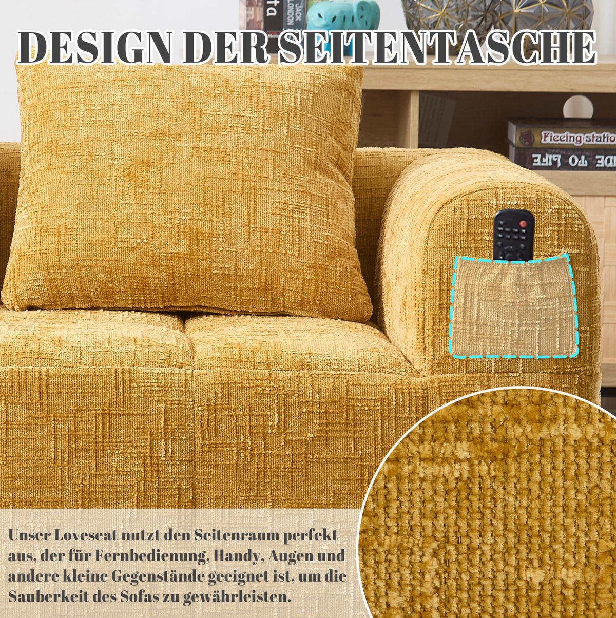SOFA od chenille tkanine, 158/90/60 cm žuta, s bočnim džepovima - žuta, tekstil (60/160/90cm) - BEAOK