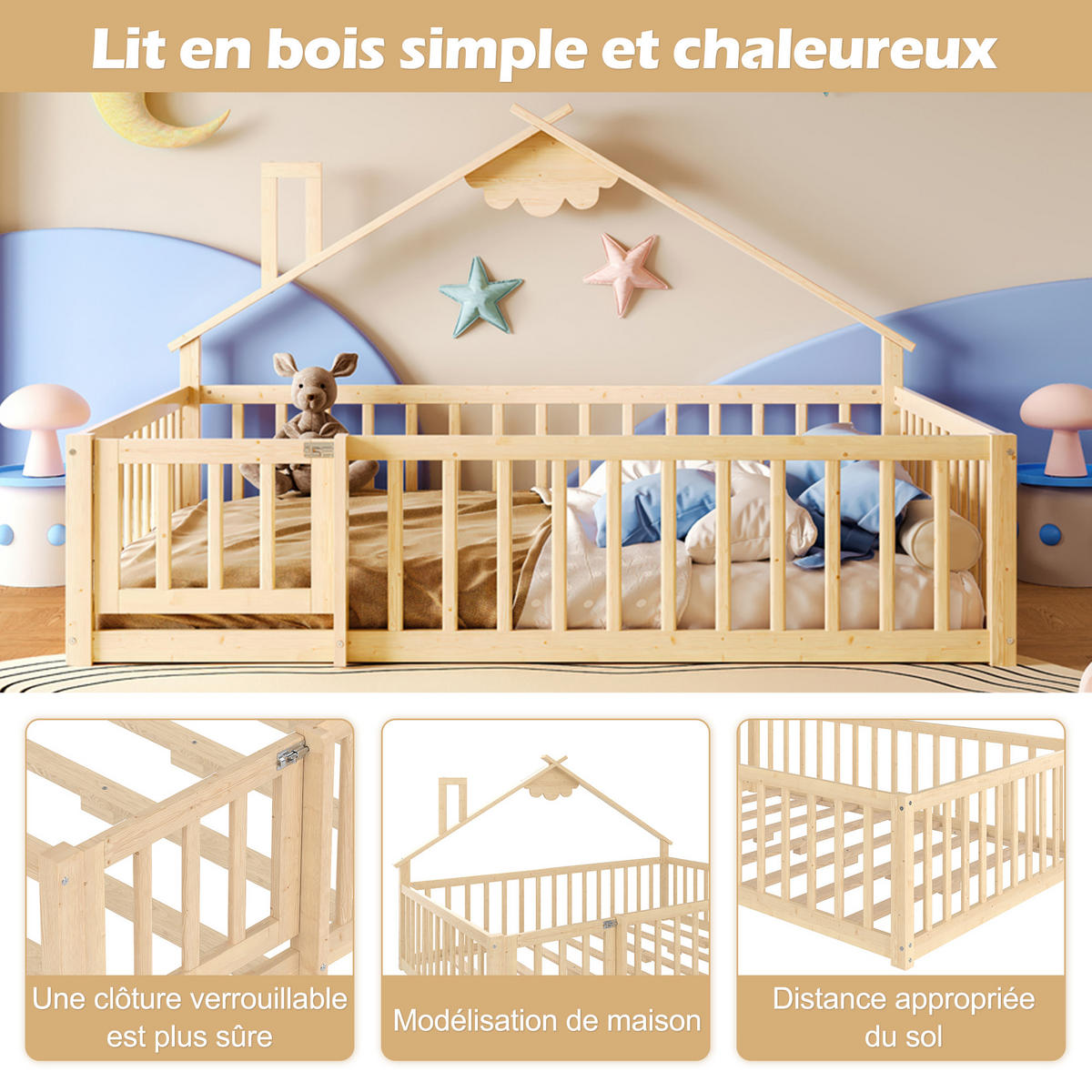 FLACHBETT 140/190 cm Natur Kiefernholz mit Geländer und Schloss - Naturfarben, Holz (140/190cm) - OKWISH