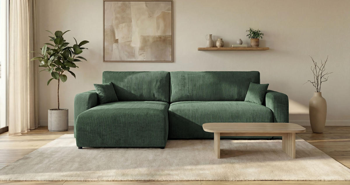 ROHOVÁ pohovka BERLIN levá zelená manšestr Poso 14 - funkce spaní, úložný prostor - zelená barva, textil (285/185cm) - Cornero