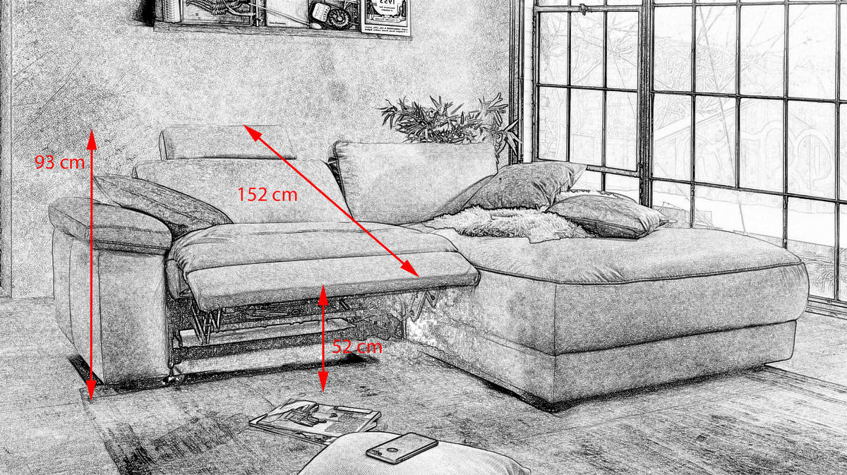 ECKSOFA MOTORISCH. RELAXFUNKTION LOLA Grau Webstoff - Schwarz/Grau, Textil (233/178cm) - KAWOLA