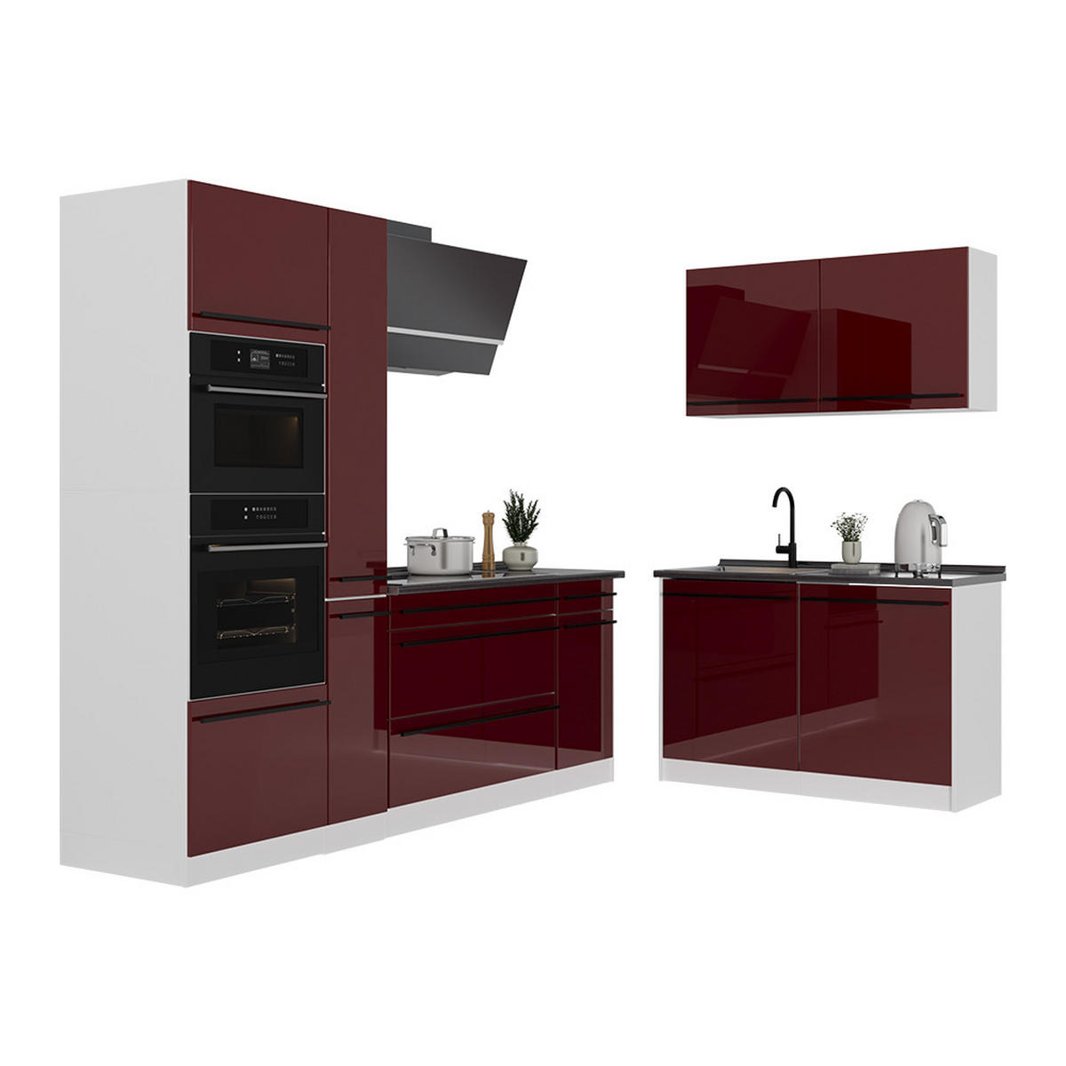 KUHINJA V OBLIKI ČRKE L R-Line, Rdeča visoki sijaj/Bela, 230 x 120 cm brez delovne plošče - rdeča/bela, leseni material (230/206.8/46cm) - Vicco