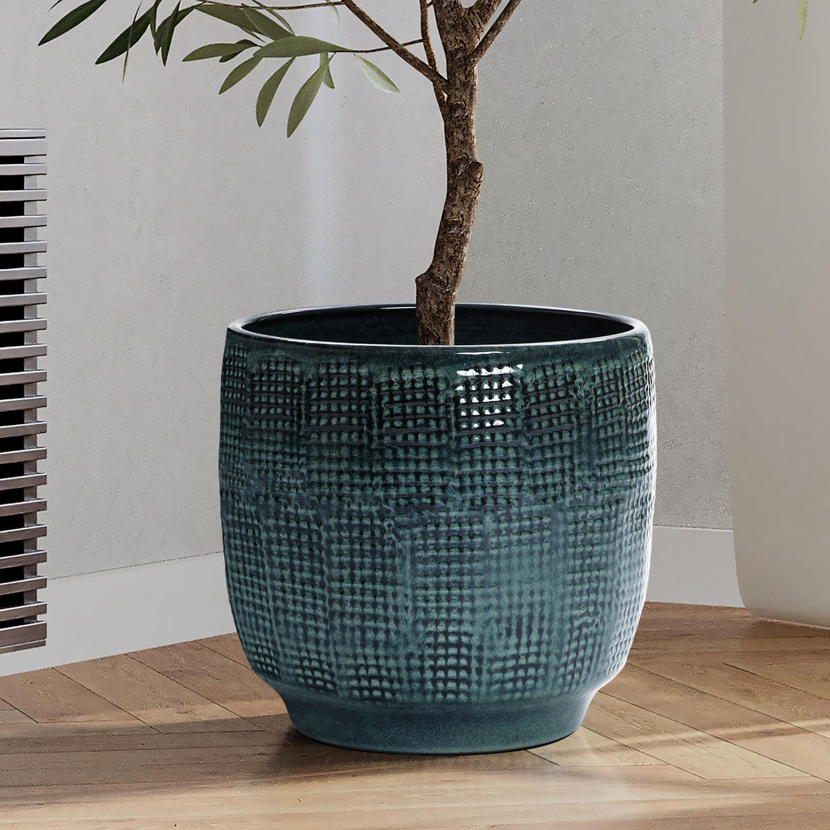 BLUMENTOPF Keramik Graugrün 30x28cm - Dunkelgrün, Keramik (29cm) - Hometopia