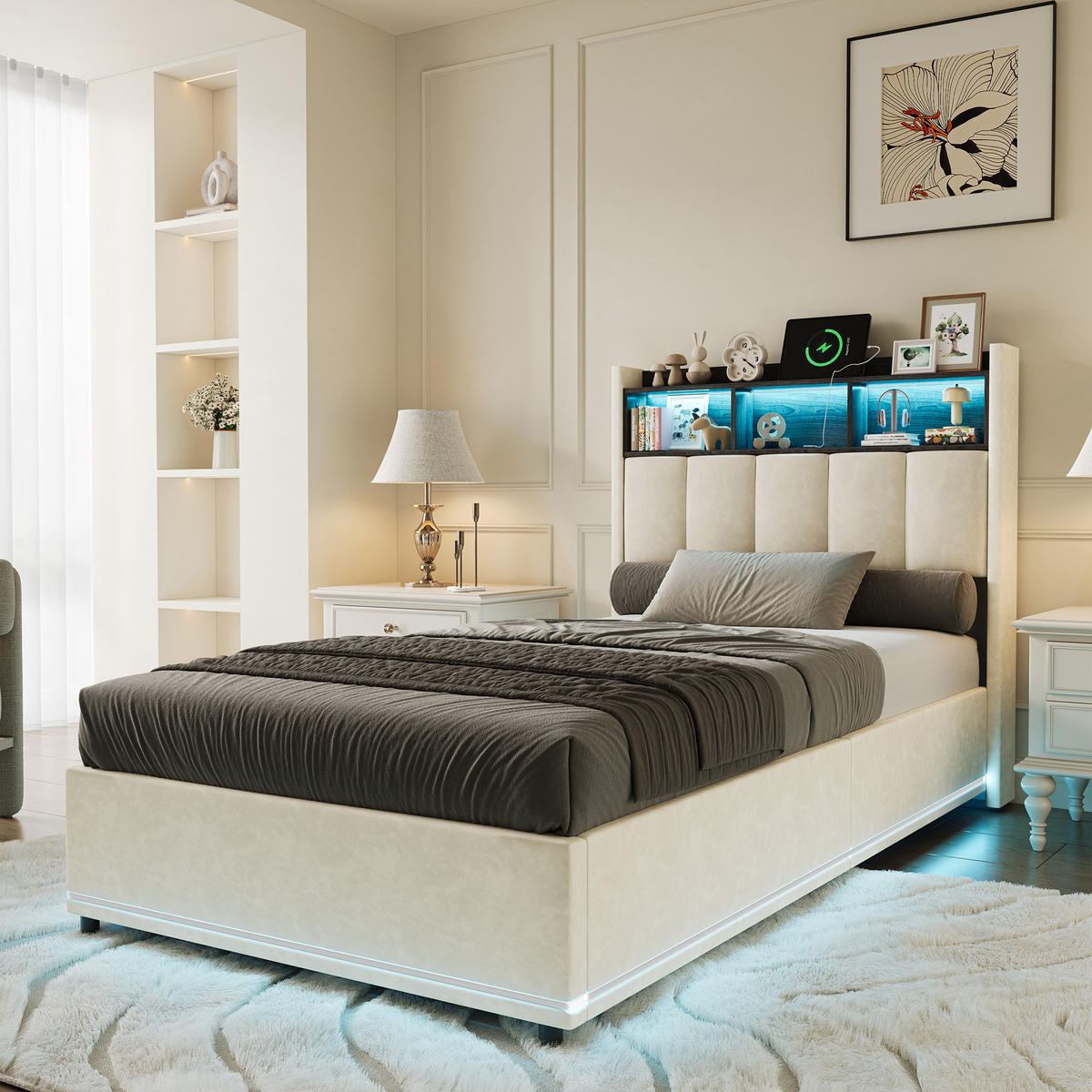 POLSTERBETT 90x200 cm Samt mit LED Kopfteil, Lattenrost und USB Typ-C Funktion - Weiß, Holzwerkstoff (90/200cm) - Novahome