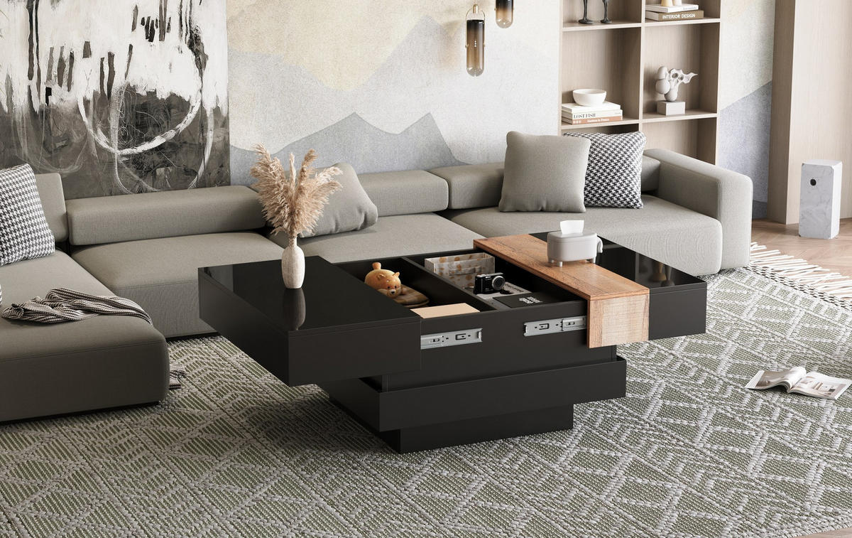 COUCHTISCH mit ausziehbarer Platte & Stauraum, MDF/PB, Schwarz-Holz Optik, Hochglanz, 70/70/39 cm,Schwarz - Schwarz, Holzwerkstoff (70/70/39cm) - Redom