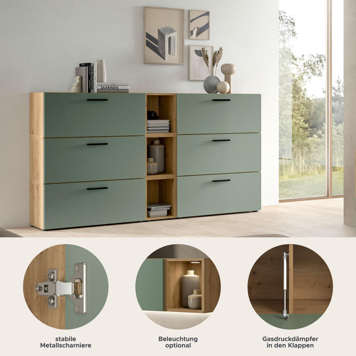 WOHNKOMBINATION THE ONE (B/H/T: ca. 176/99/34 cm) in Artisan Oak Nachbildung/Smoke Green - Eiche Artisan, Holzwerkstoff (176/99/34cm)