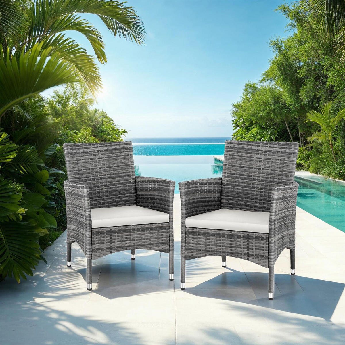 RATTANSTUHL 2er Set Nantes,59 x 57 x 85 cm,hellgrau/creme - Hellgrau/Creme, Kunststoff (57/85/59cm) - tectake