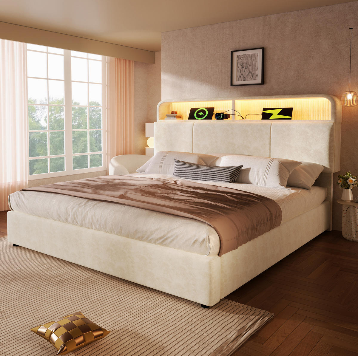 POLSTERBETT mit Matratze 160/200 cm mit LED-Beleuchtung, USB-C Ladestation und Bettkasten aus Samt, Beige - Beige, Textil (160/200cm) - Redom