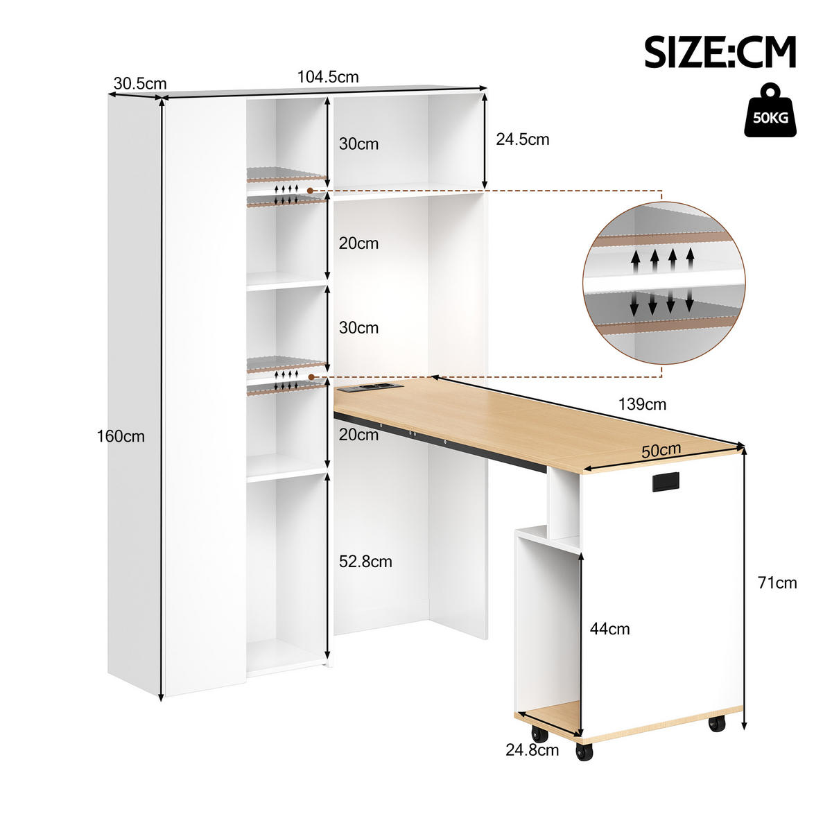 KLAPPBARER SCHREIBTISCH 2-in-1 Bücherregal USB Steckdose weiß links - Weiß, Holzwerkstoff (105/30/160cm) - FLIEKS