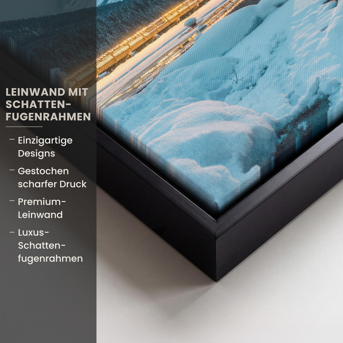 LEINWAND Bilder mit Rahmen - Winterlandschaft - Natur - Haus - Berge - Schnee - 40x30 - Hellblau, Textil (40/30cm) - MuchoWow