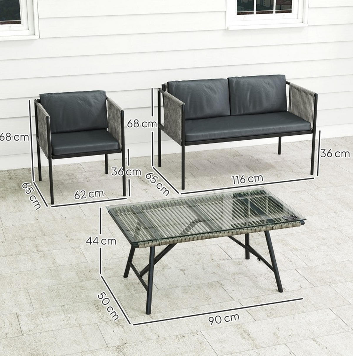GARTENMÖBEL-SET 116/65/68 cm grau aus Rattan mit Kissen und Glastisch - Grau, Naturmaterialen - OKWISH