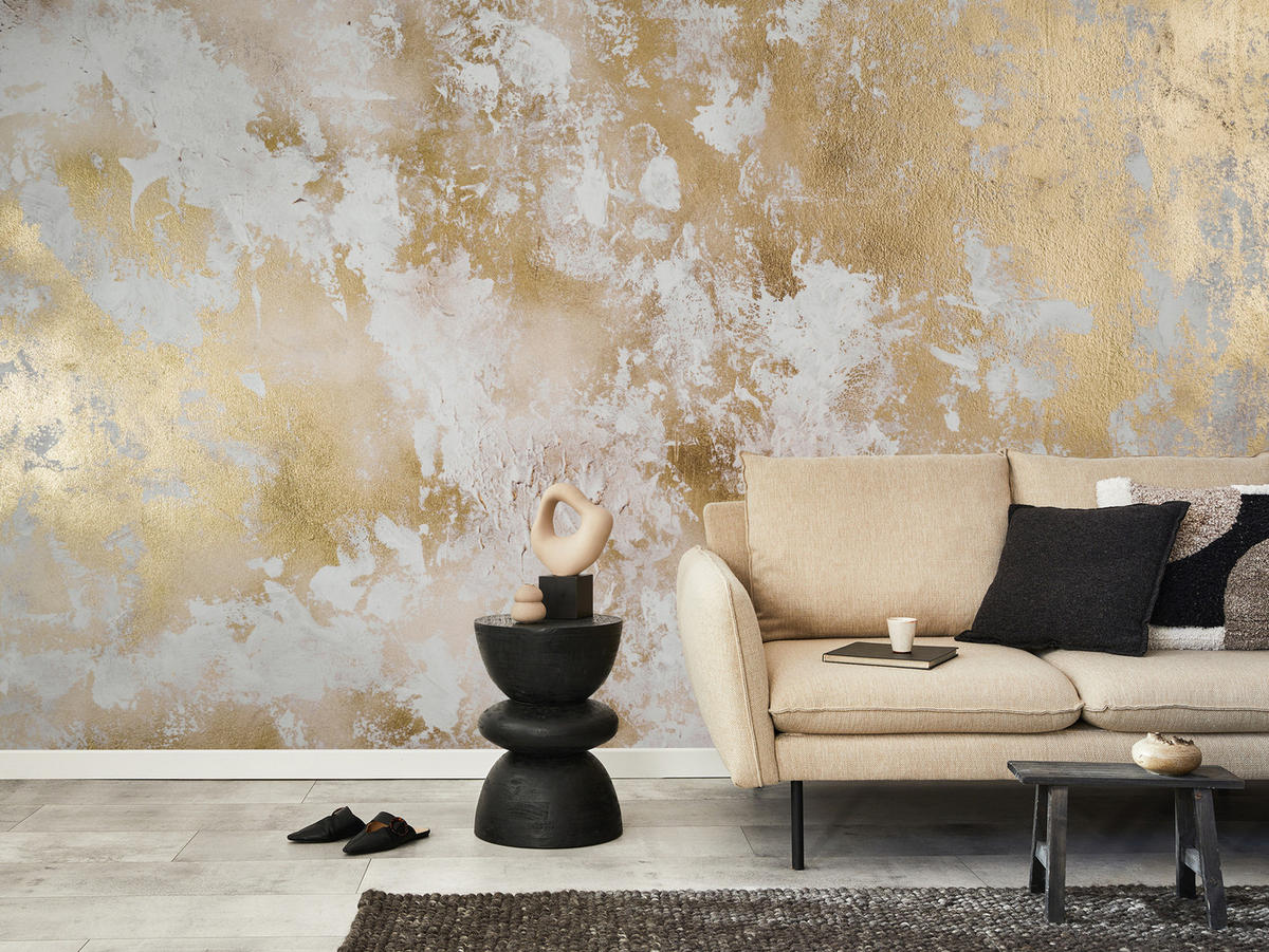 FOTOTAPETE für Wohnzimmer Modern Beton Gold Ornamente 500x350 - Beige/Braun, Papier (500/350cm) - Muralo