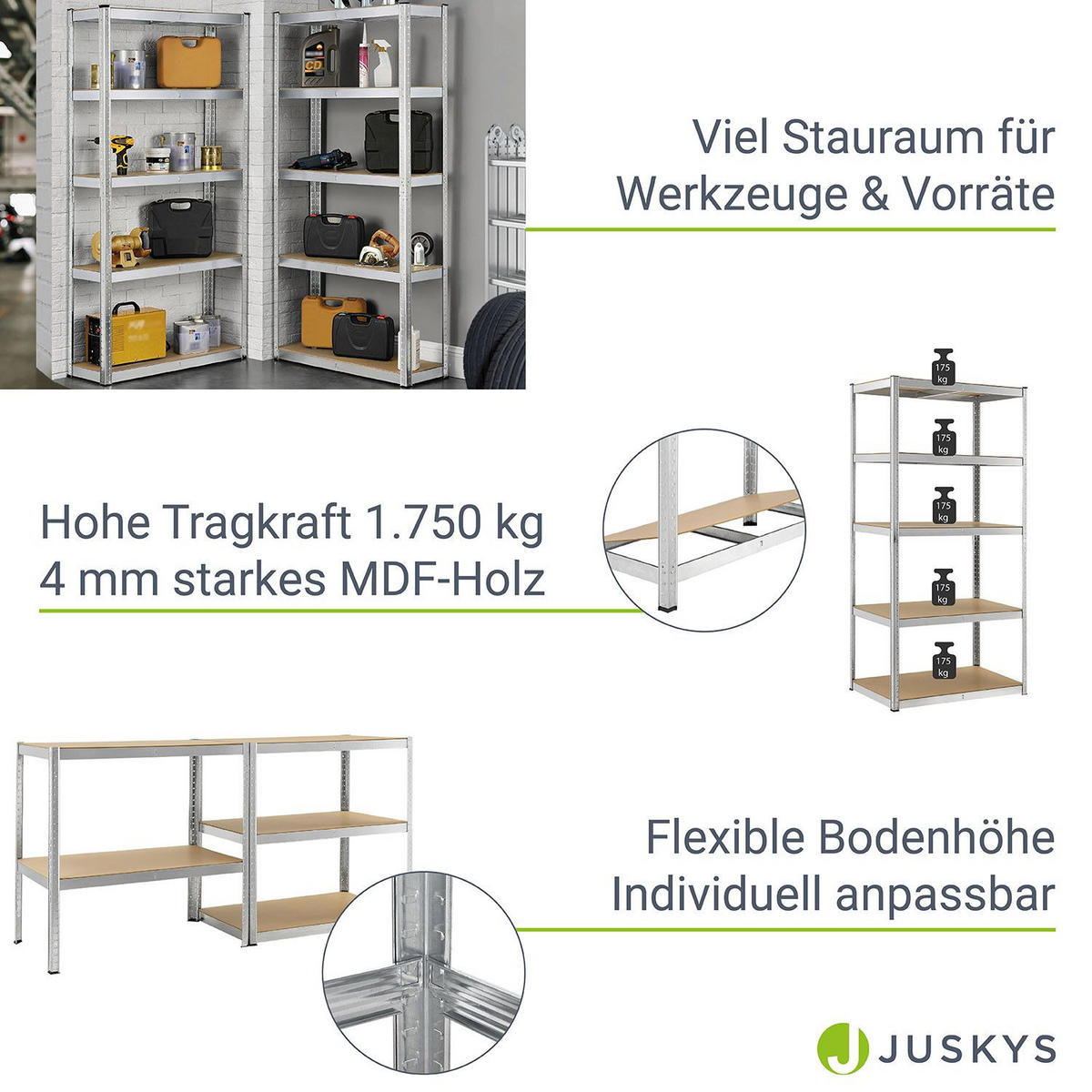 LAGERREGAL Basic verzinkt 180x90x40 cm (2er-Set) - Silberfarben, Metall (90/180/40cm) - Juskys