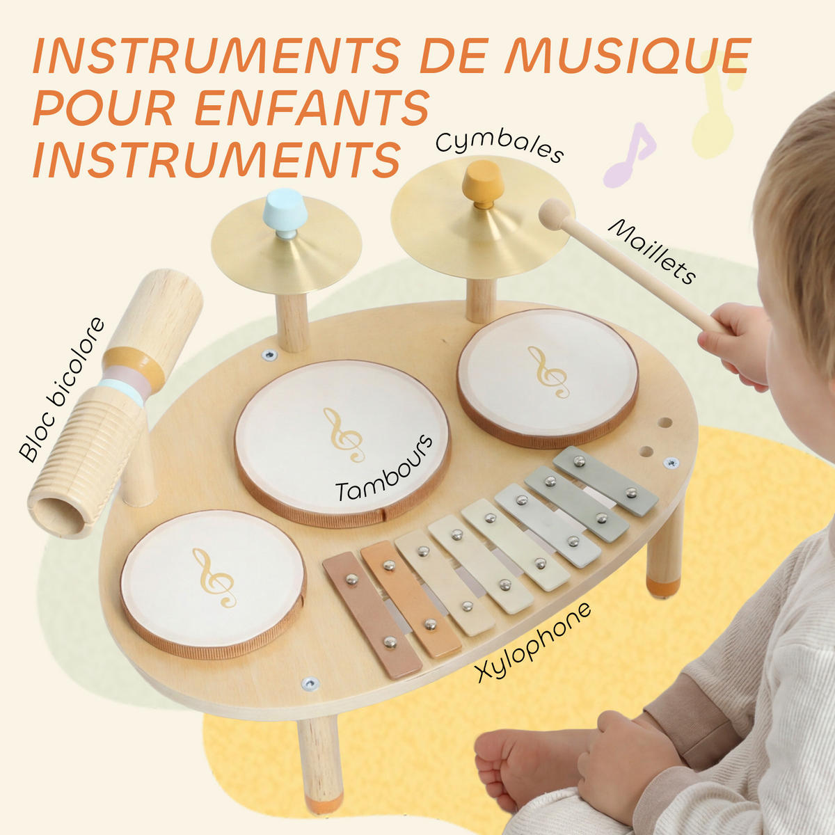 MUSIKSTATION DE-18654 4-in-1 mit Xylophon und Trommeln Natur - Naturfarben, Holzwerkstoff (28.5/23/39.5cm) - ComfortXL