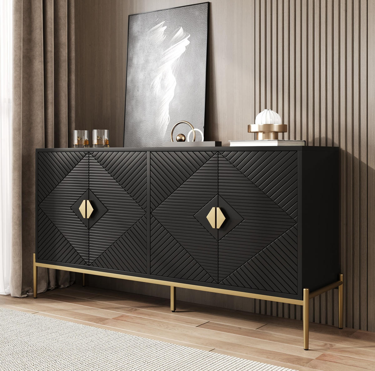 KOMMODE 162/40/80 cm in Schwarz mit 4 Türen und goldfarbenen Metallbeinen - Schwarz, Holzwerkstoff (162/80/40cm) - Flora Grace