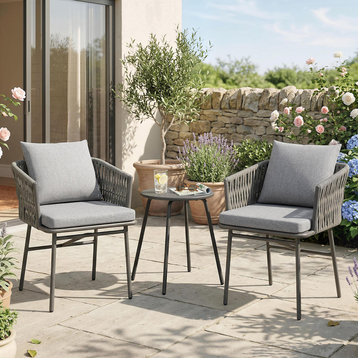 BISTRO-SET DE-06735 3-teilig, 2 Stühle & Tisch, mit 4 Kissen Grau - Grau, Kunststoff/Metall - ComfortXL