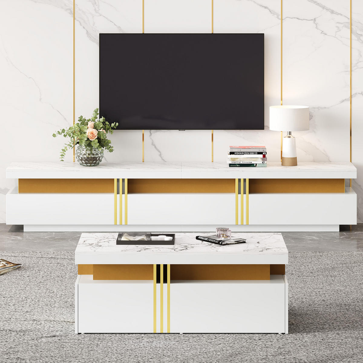 TV-ELEMENT mit Couchtisch - Kombination 2er-Set Marmor-Optik in Weiß und Gold - Weiß, Holzwerkstoff (200/42/40cm) - OKWISH