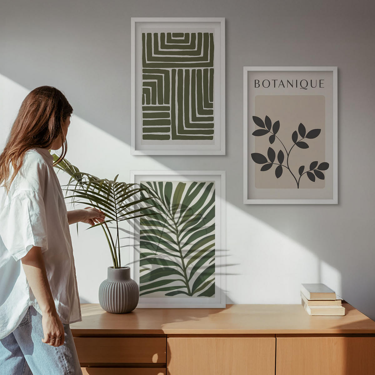 BILDER SET 3er Set - 40x60 cm Weißer Rahmen - Botanischer Boho-Minimalismus - Weiß, Kunststoff (40/60cm) - TULUP