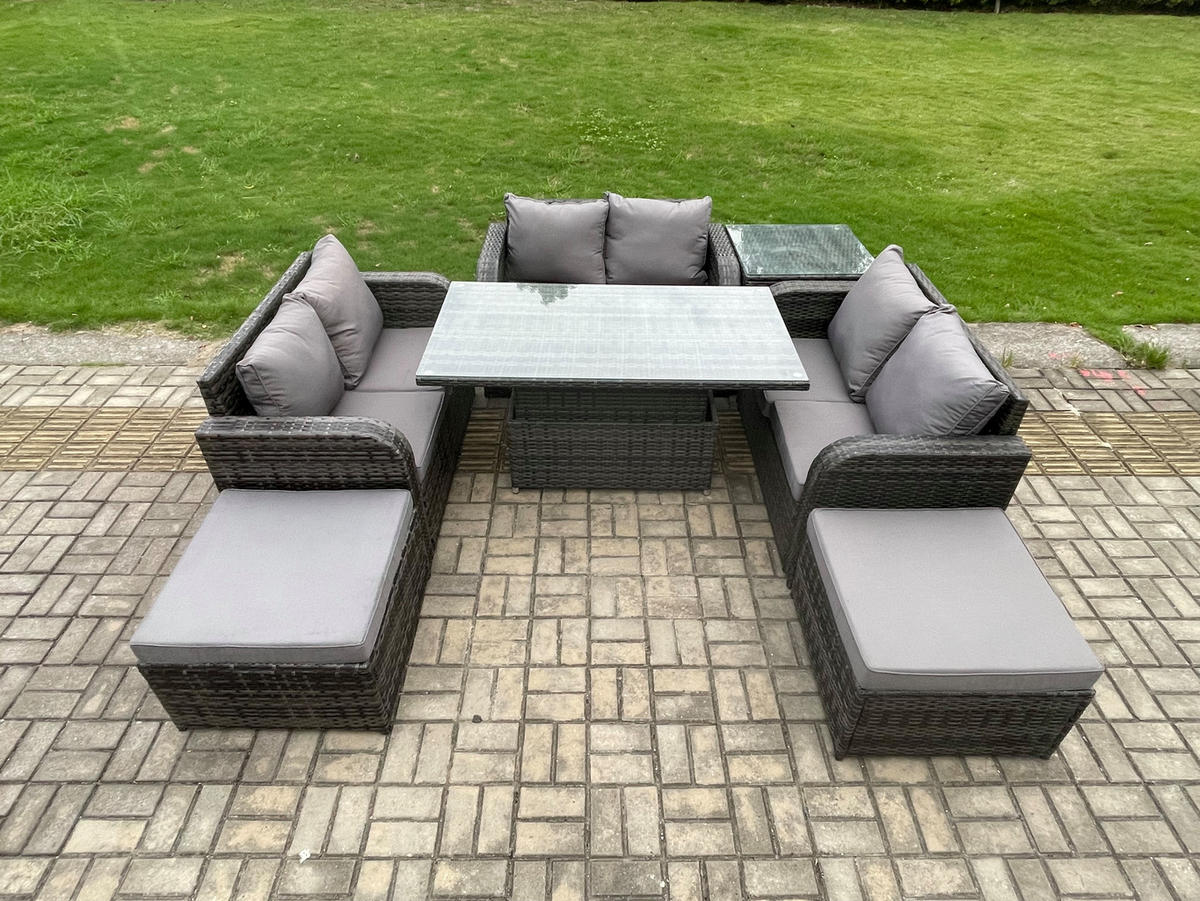 GARTENSOFA SET Polyrattan Dunkelgrau 8-Sitzer - Dunkelgrau, Metall - Fimous