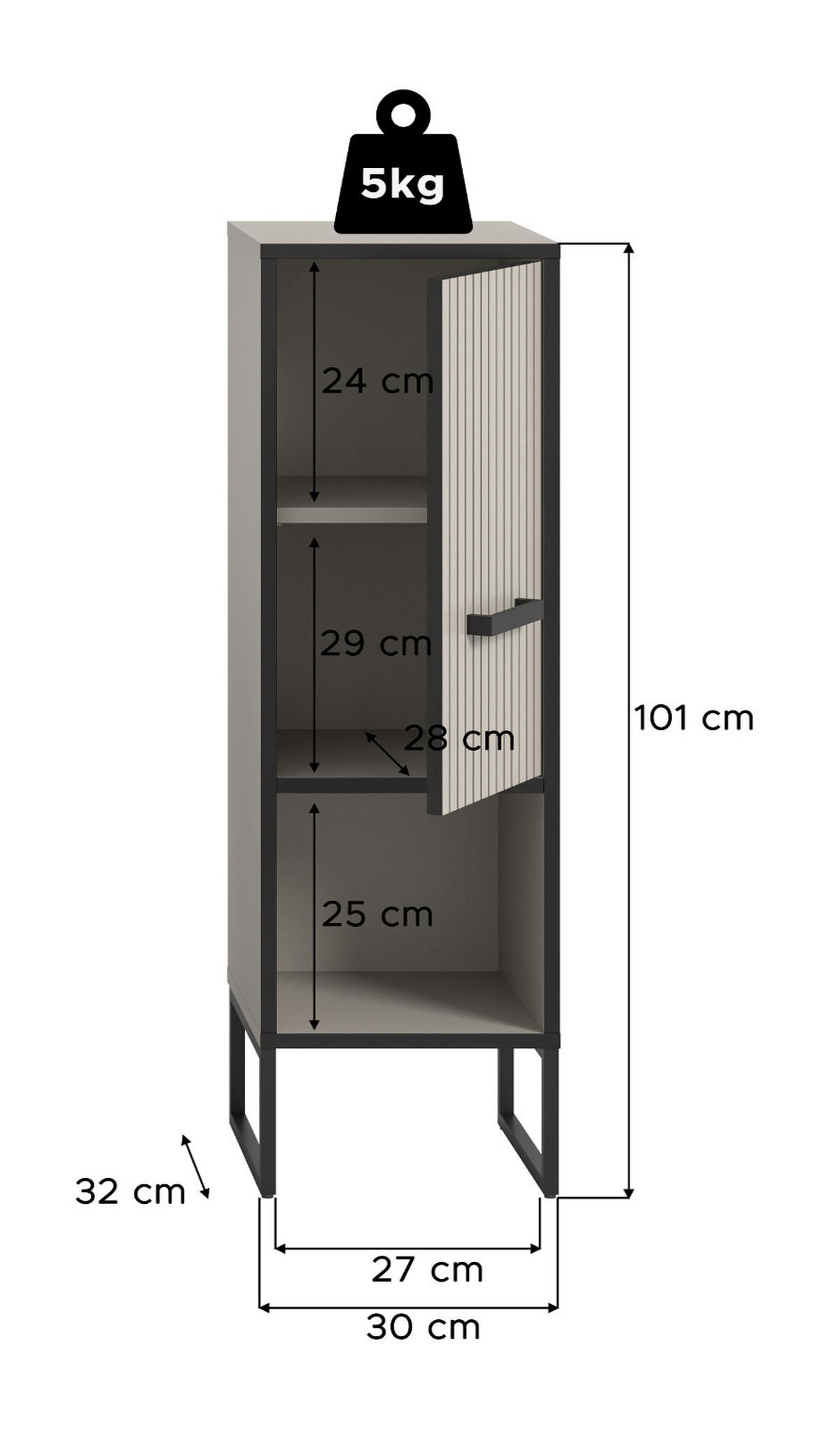 KOMMODE schwarz, sand 30 cm, Badschrank mit Soft-Close - Sandfarben/Schwarz, Holzwerkstoff/Metall (30/101/32cm) - Inn.Furn