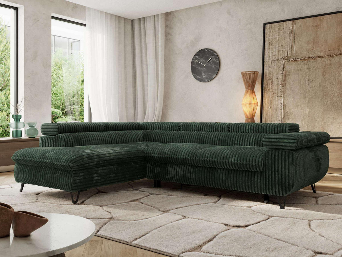 ECKSOFA PABLO L Grün Cord - Links Seite mit Visco Topper - Schwarz/Grün, Textil/Metall (208/273cm) - MKS