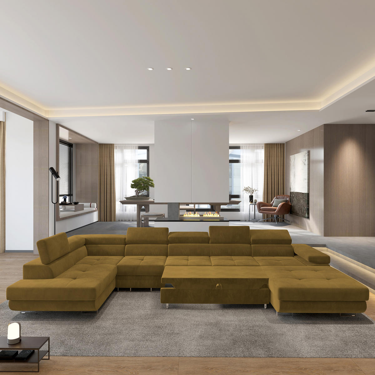 WOHNLANDSCHAFT VELORA L-S Gelb Velours-Stoff mit Schlaffunktion - Gelb, Holz (419/90/202cm) - MASSENO