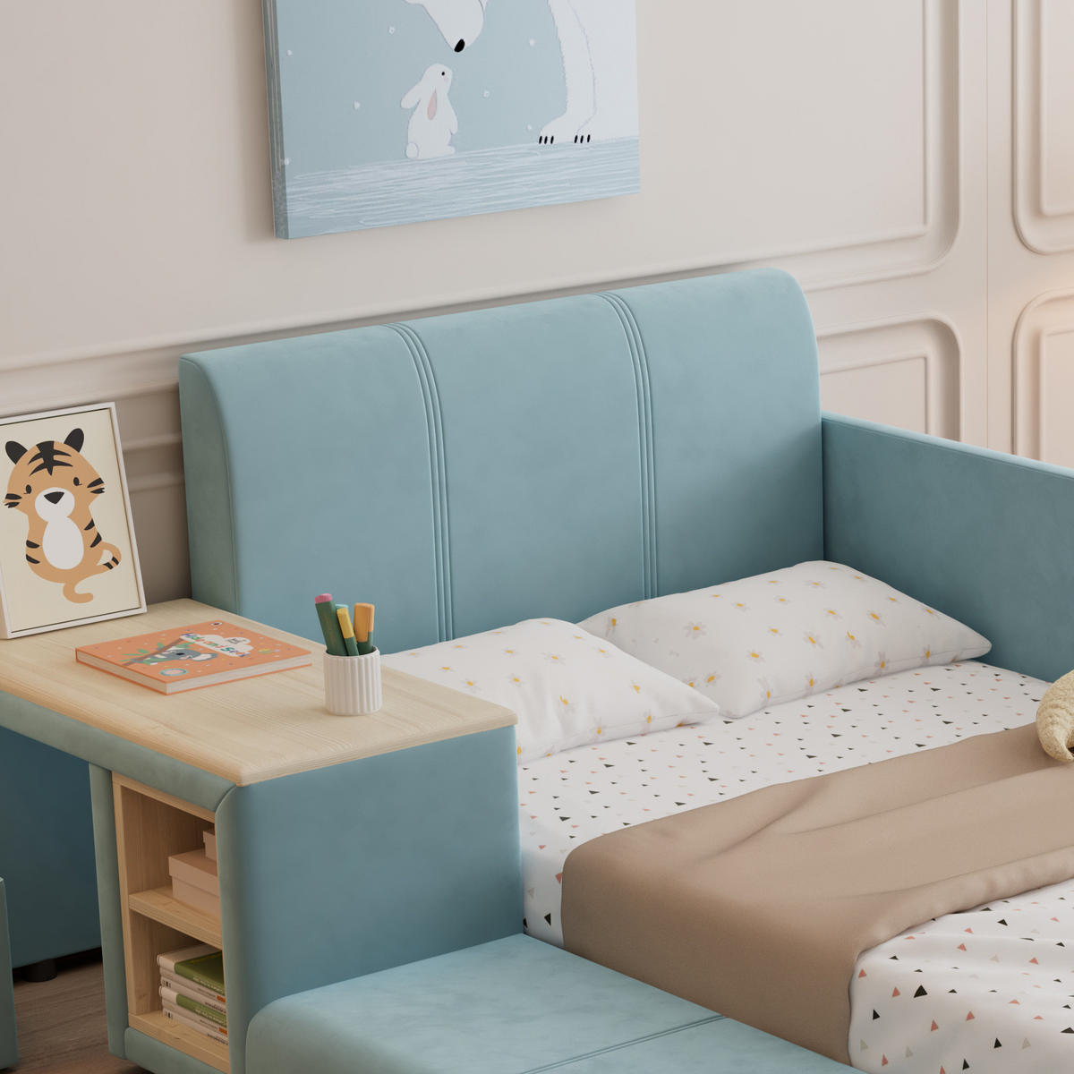 POLSTERBETT 90/200 cm aus Samt mit Schreibtisch und Hocker Blau/Naturfarben - Blau, Textil (90/200cm) - Modenvie
