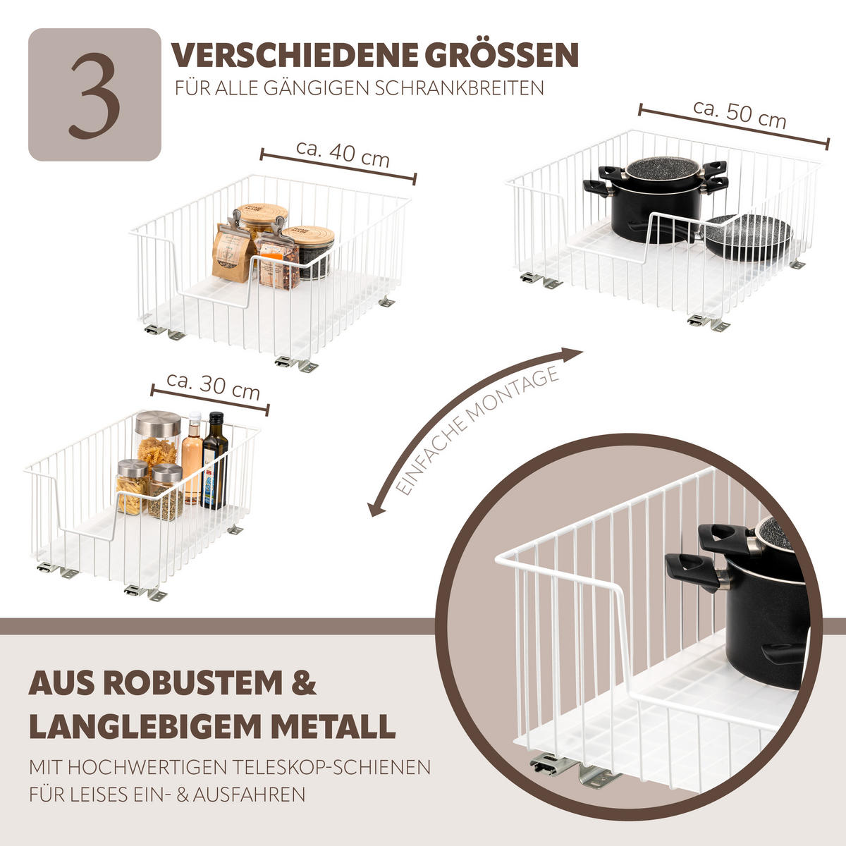 SCHRANK-KORBAUSZUG 30 cm, weiß, Metall - Weiß, Metall (30/23/50.5cm) - bremermann